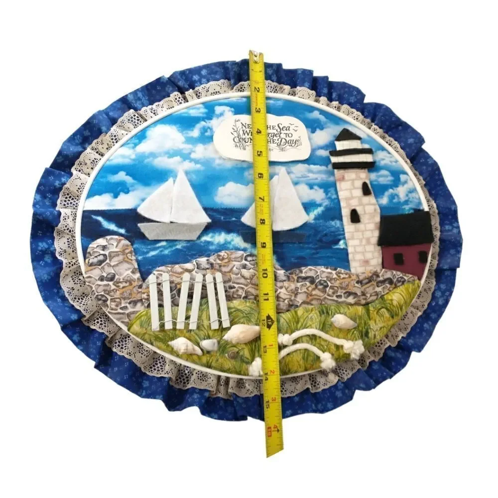 Vtg‎ Handmade Beach Wall Art Near The Sea Quilted Shells Lighthouse Beach House.